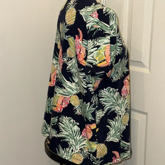 Kim Rogers Navy Tropical Print Short Sleeve Top XL pineapple Tucan preppy - Picture 3 of 4